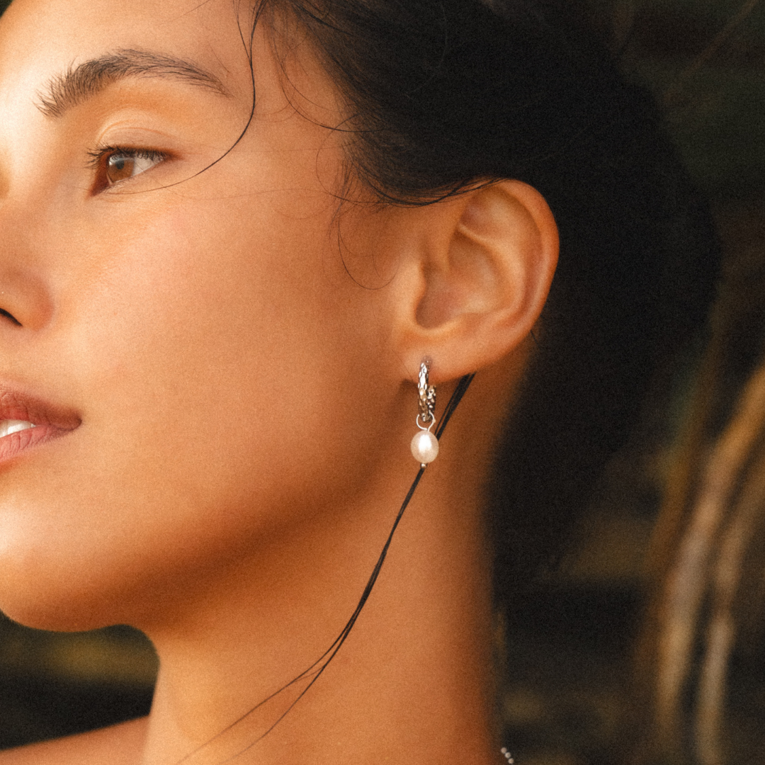 Hammered Pearl Hoop Earrings